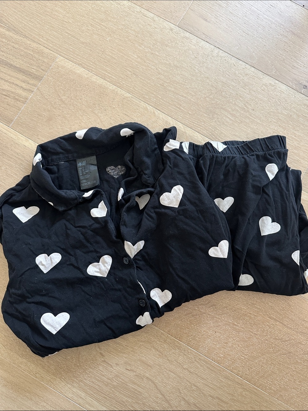 H&M Heart Print Pajama Set Black White Small S
